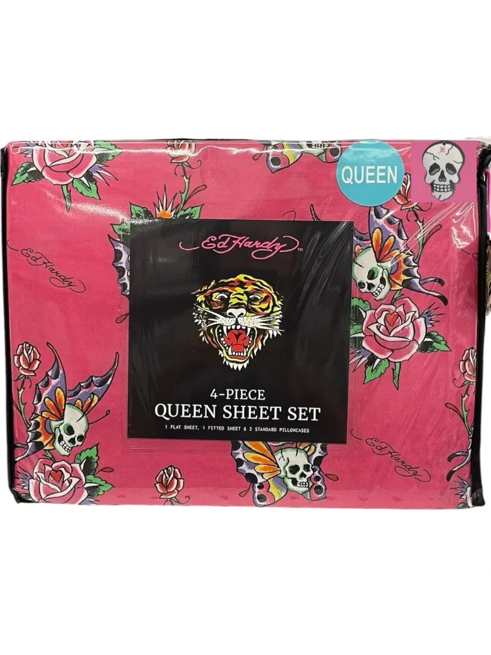 Ed Hardy DP 4-pc Queen Sheet Set Dk Pink Skulls Roses Butterflies Tattoo NEW NIP